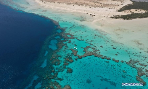 File drone footage shot on March 23, 2020 shows the Red Sea Project site on Saudi Arabia's Red Sea coast. The Red Sea Project, one of Saudi Arabia's most ambitious tourism projects, has recently identified the location of its overwater villas and hotels, the Red Sea Development Company said in a press release on May 1, 2020. (The Red Sea Development Company/Handout via Xinhua)