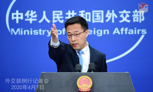 Foreign ministry spokesperson Zhao Lijian is making remarks at a press briefing on April 7. Photo: Ministry of Foreign Affairs
