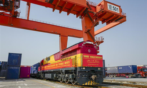 The land-sea freight train of the New International Land-Sea Trade Corridor heading for Indonesia waits to depart in southwest China's Chongqing, April 26, 2019. Photo: Xinhua