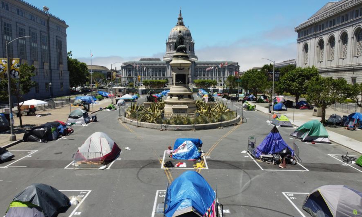 Social distancing homeless camp set up outside San Francisco City Hall