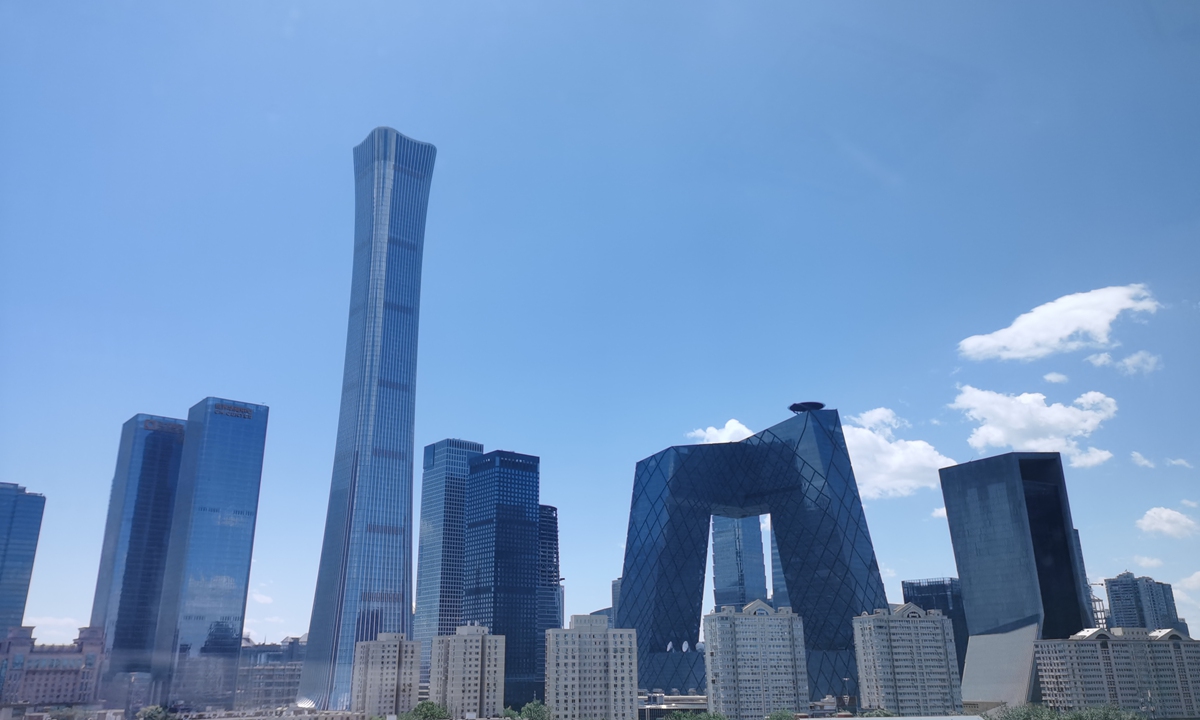 Buildings in Beijing CBD are seen under blue sky on Sunday. Photo: Li Lei/GT