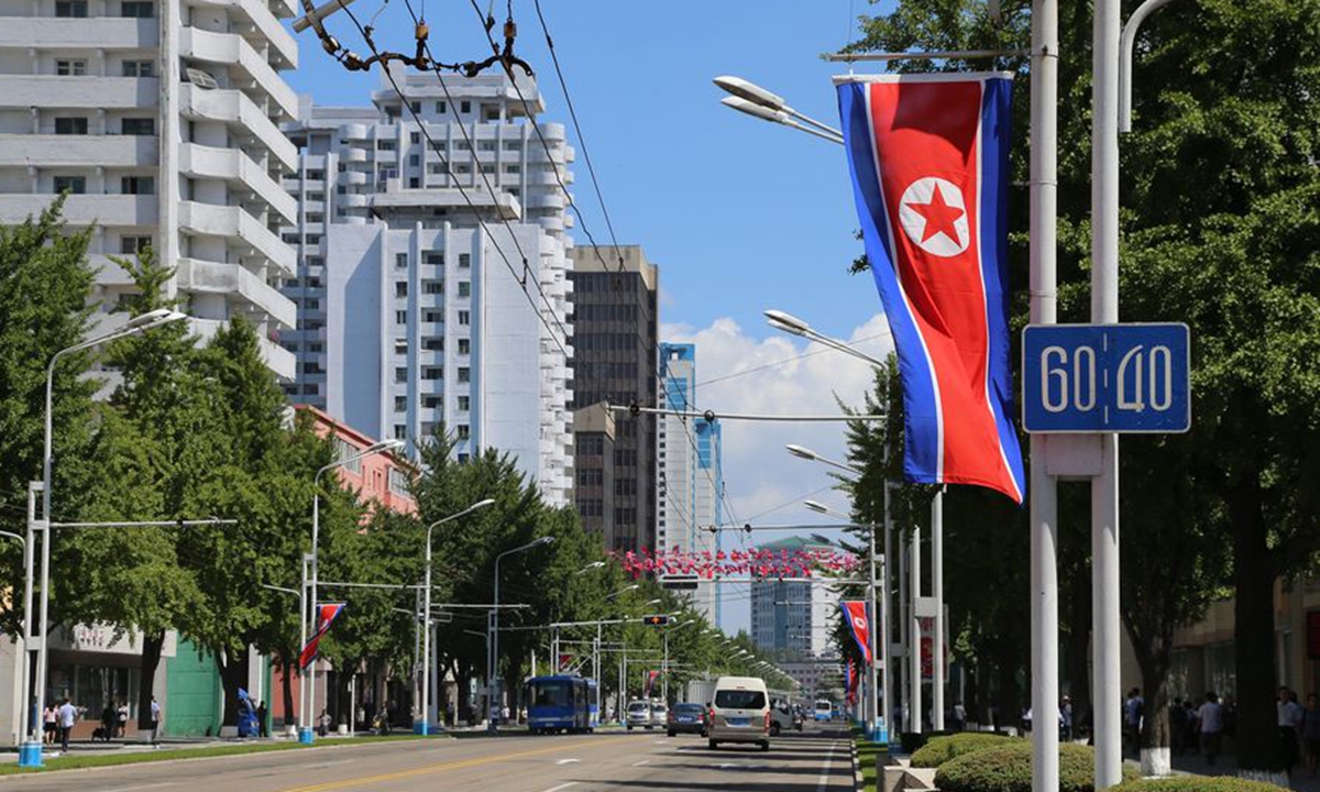 Photo taken on Sept. 8, 2018 shows an avenue decorated with national flags in Pyongyang, capital of the Democratic People's Republic of Korea (DPRK). (Xinhua/Jiang Yaping)