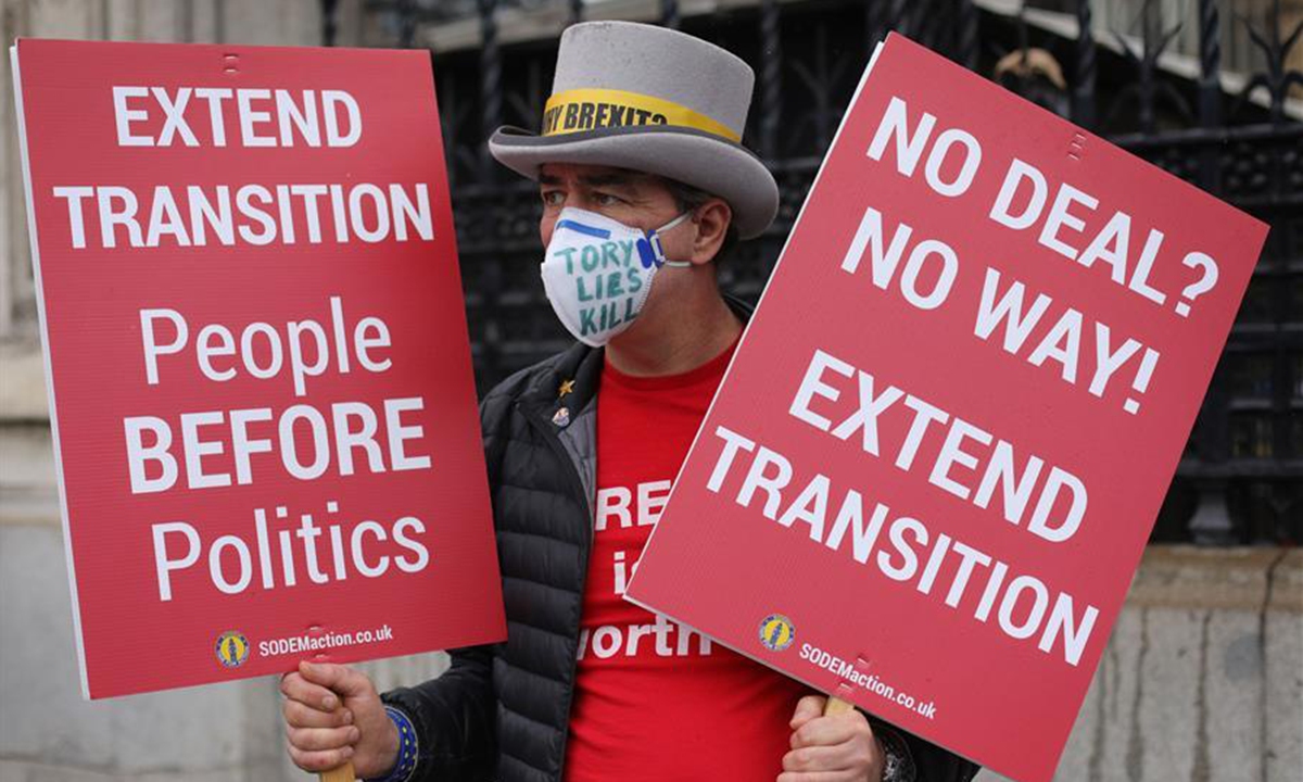 A demonstrator holds placards demanding extension of Brexit transition period outside the Houses of Parliament in London, Britain, on June 10, 2020. Britain will not extend its transitional links to the European Union (EU) beyond Dec. 31, a government minister said Tuesday following the stalled talks between London and Brussels last week. (Photo by Tim Ireland/Xinhua)

