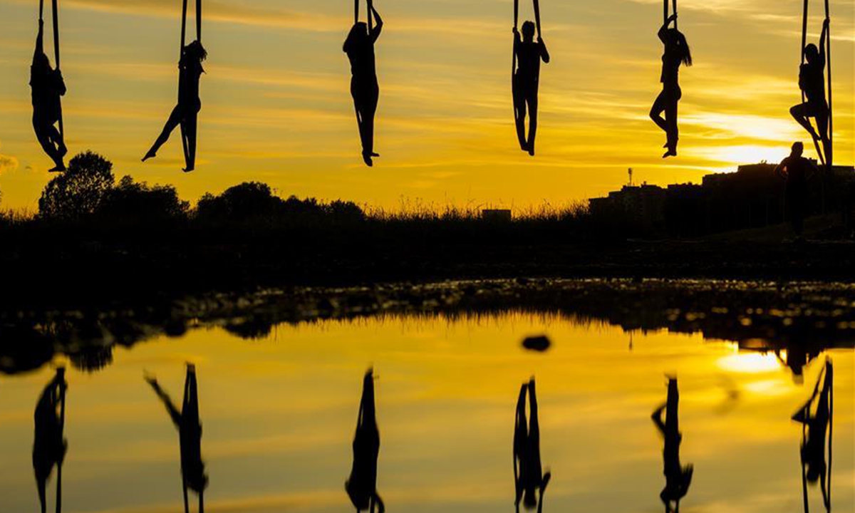 Members of Triko Circus Theater perform aerial hammock dance in Zagreb