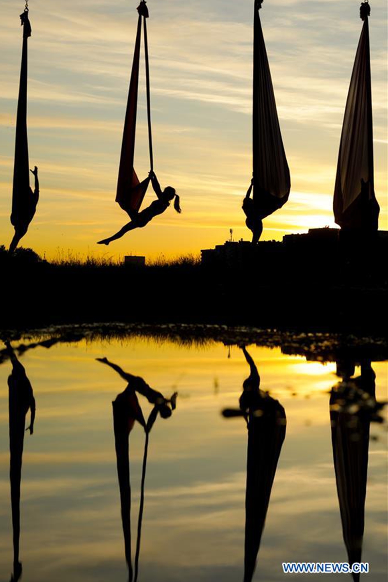 Members of Triko Circus Theater perform aerial hammock dance in Zagreb