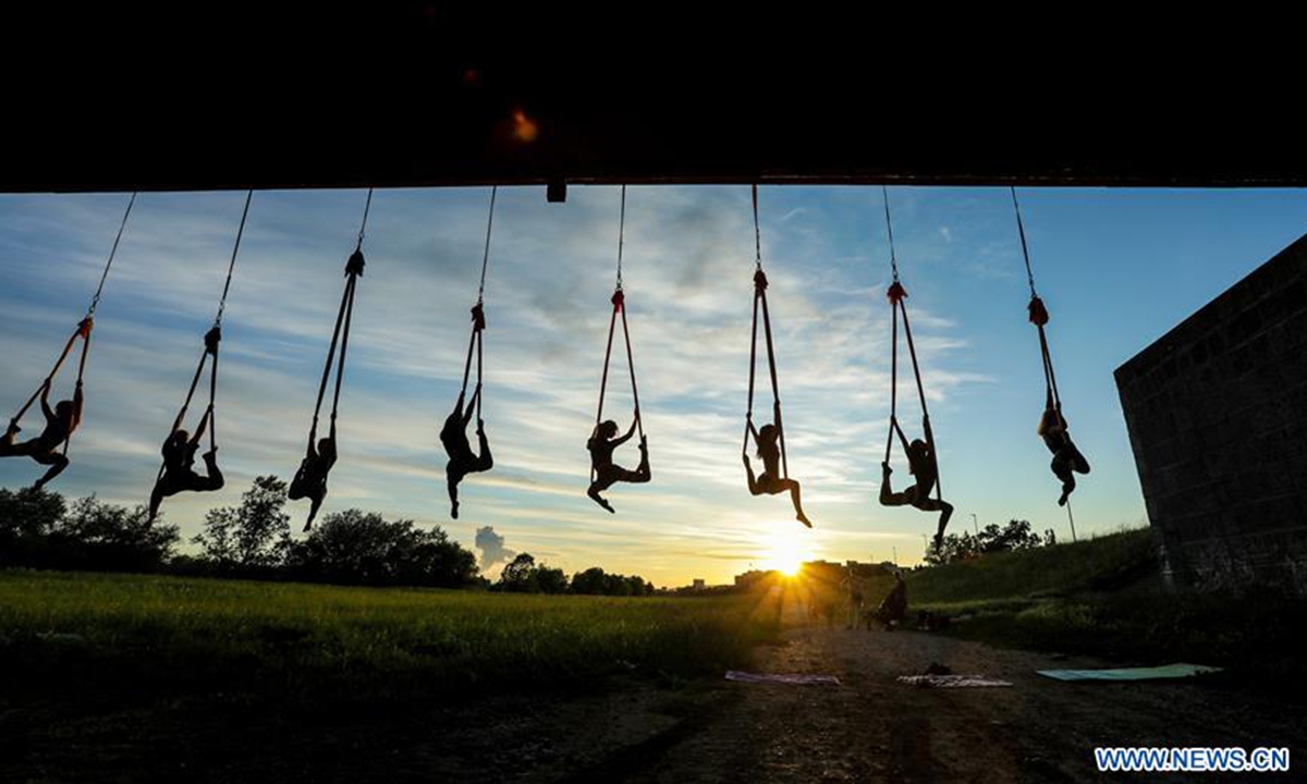 Members of Triko Circus Theater perform aerial hammock dance in Zagreb
