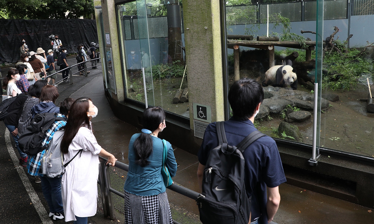 People look at the female giant panda cub Xiang Xiang at Ueno Zoo in Tokyo, Japan on Tuesday, the first day of its re-opening after nearly a four-month closure due to the COVID-19 pandemic. Photo: AFP