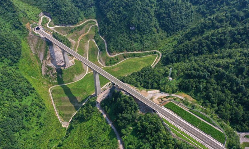 Aerial photo taken on July 6, 2020 shows a railway bridge along the Anshun-Liupanshui railway in southwest China's Guizhou Province. The Anshun-Liupanshui intercity railway, with a designed speed of 250 km per hour, is being prepared for opening. The railway will shorten the travel time between Guiyang and Liupanshui from the current 3.5 hours to about 1 hour, and Liupanshui City will be fully connected with the national high-speed rail network. (Xinhua/Liu Xu)