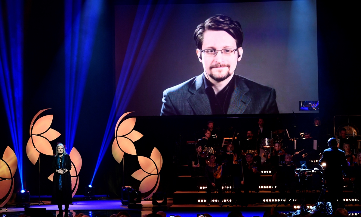 Edward Snowden, a former US National Security Agency (NSA) contractor, speaks during an award ceremony in Stockholm, Sweden, on December 4, 2019. Photo: AFP