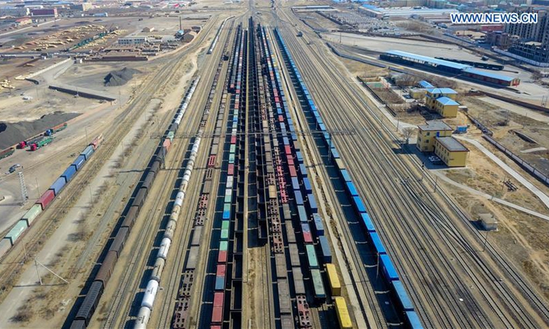 Aerial photo taken on April 11, 2020 shows a logistic station of the Erenhot Port in north China's Inner Mongolia Autonomous Region. Photo: Xinhua
