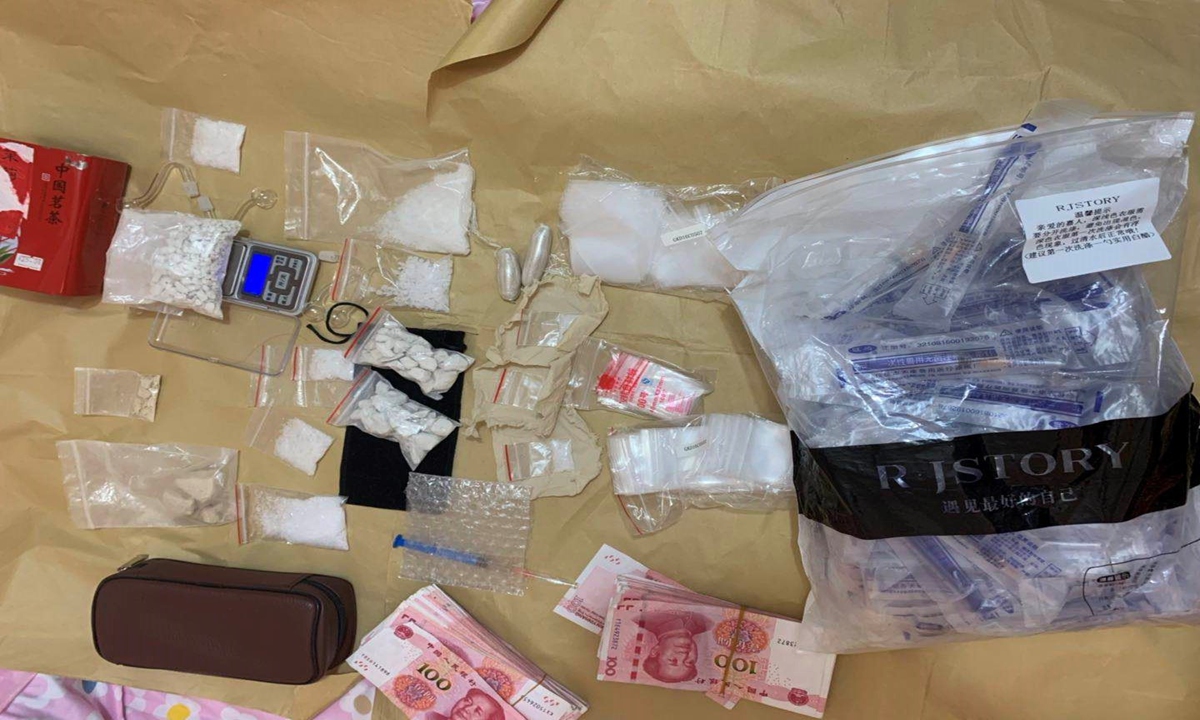 Beijing police have solved over 60 drug-related crimes from the beginning of this year until July, with a total of 9.3 kilograms of various types of drugs seized by police. Photo: courtesy of Beijing police. 
