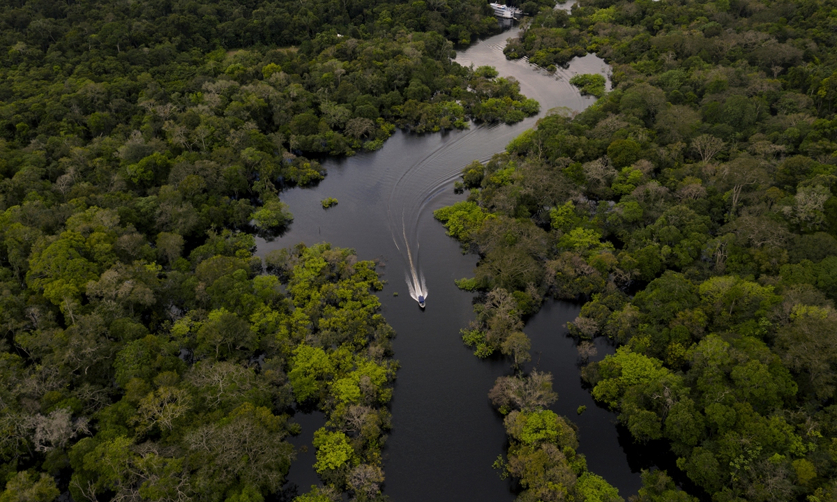 A boat speeds on the Jurura river in the Brazilian Amazon forest on March 15.  Photo: AFP