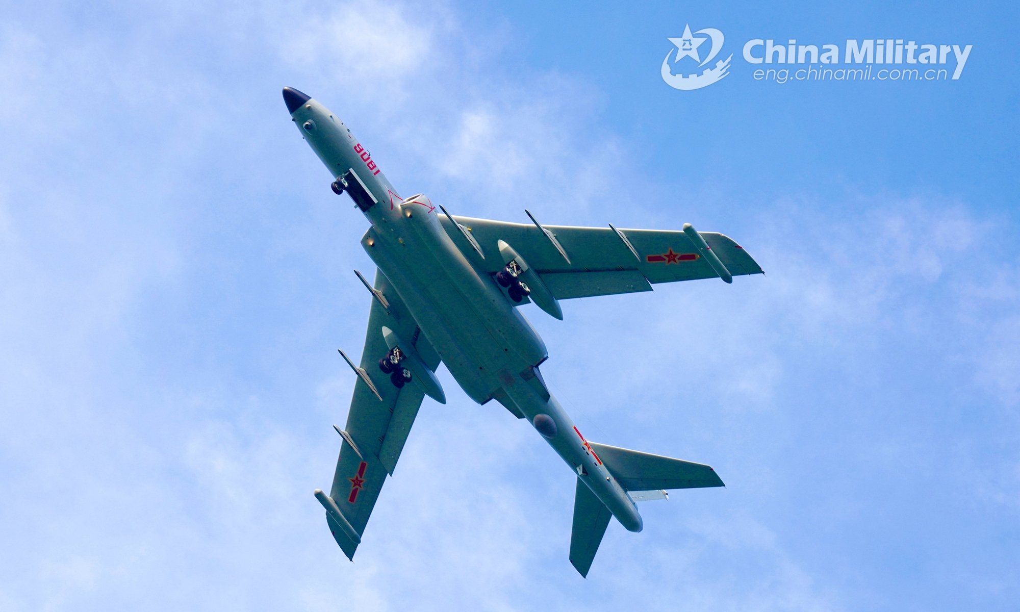 A H-6 strategic bomber attached to a bomber regiment of the naval aviation force under the PLA Southern Theater Command soars into the air during a recent realistic flight training exercise. (eng.chinamil.com.cn/Photo by Gao Hongwei)