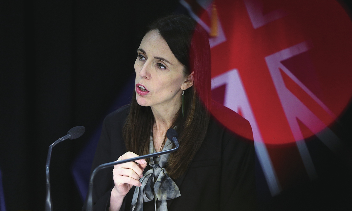 New Zealand Prime Minister Jacinda Ardern attends a press conference on Wednesday. She said on local Tuesday that authorities have found four cases of the coronavirus in one Auckland household from an unknown source. Auckland, the nation's largest city, would be moved to Alert Level 3 from midday Wednesday through midnight Friday, meaning people will be asked to stay at home. Photo: VCG