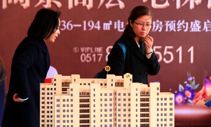 Potential homebuyers look at a property model in Huai'an, Jiangsu province.Photo:Xinhua