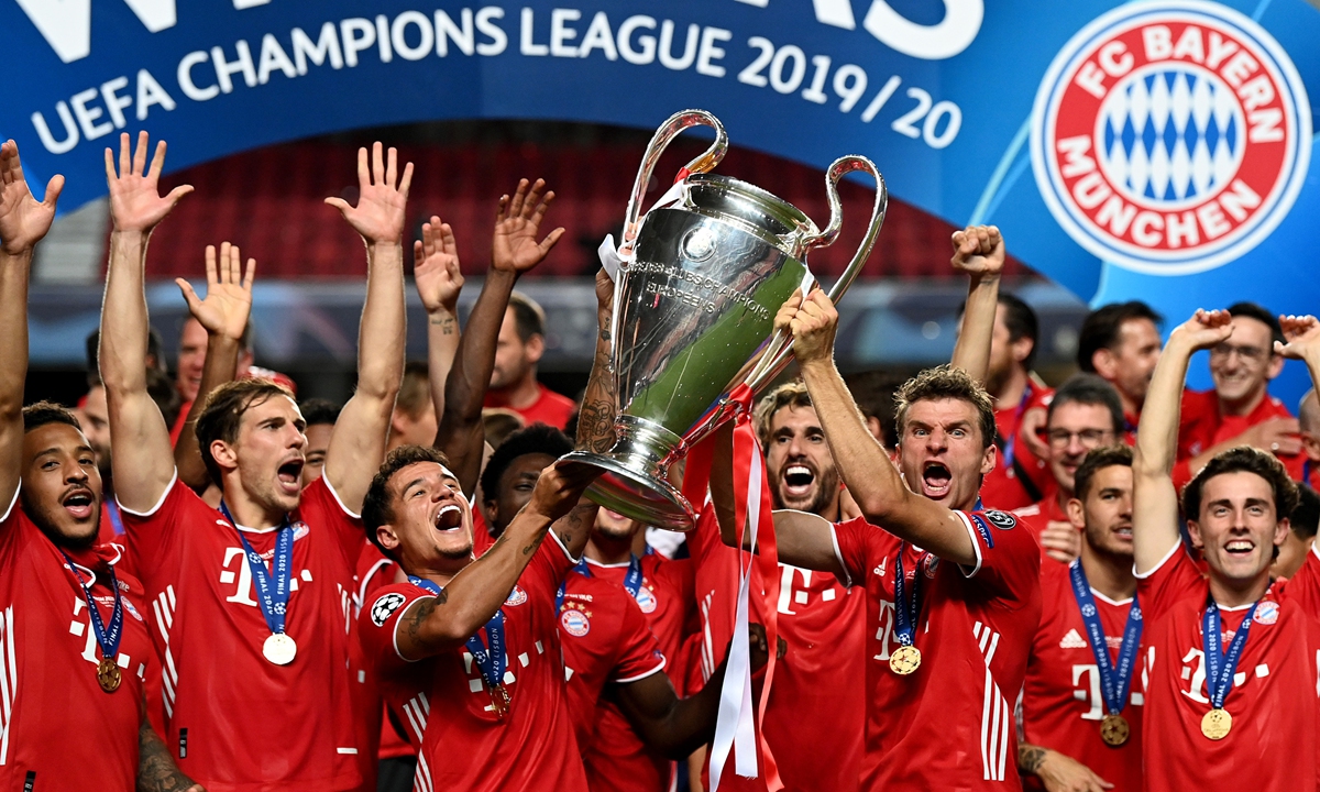 Bayern Munich players celebrate winning the UEFA Champions League on Sunday in Lisbon, Portugal. Photo: VCG