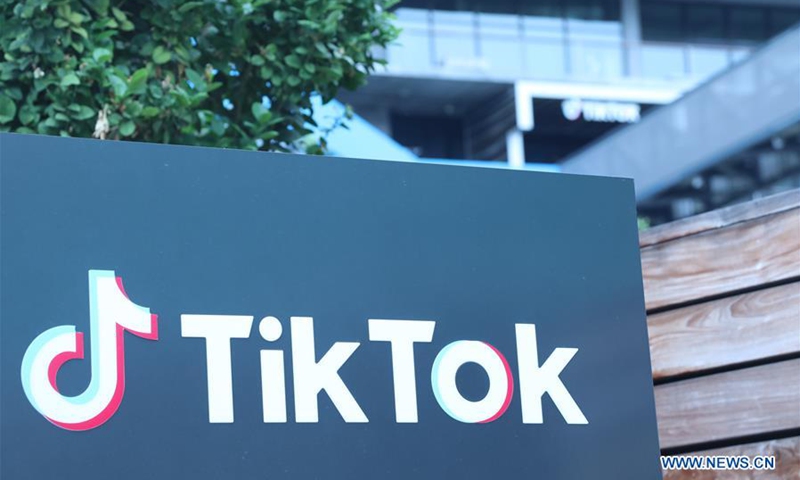 Photo taken on Aug. 21, 2020 shows a logo of the video-sharing social networking company TikTok's Los Angeles Office in Culver City, Los Angeles County, the United States. TikTok confirmed Saturday that it will file a lawsuit against the Trump administration over an executive order banning any U.S. transactions with its parent company ByteDance. (Xinhua)
