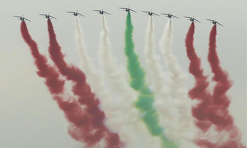 Aircrafts fly over Beirut, releasing smoke with colors of the Lebanon's national flag, in celebrations of the centenary of Greater Lebanon, in Beirut, Lebanon, Sept. 1, 2020. (Xinhua/Bilal Jawich)