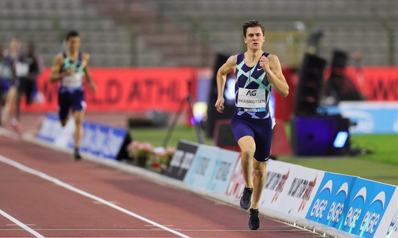 Norway's Jakob Ingebrigtsen competes during the 1500m Men at the Diamond League Memorial Van Damme athletics event at the King Baudouin stadium in Brussels, Belgium, Sept. 4, 2020. (Xinhua/Zheng Huansong)