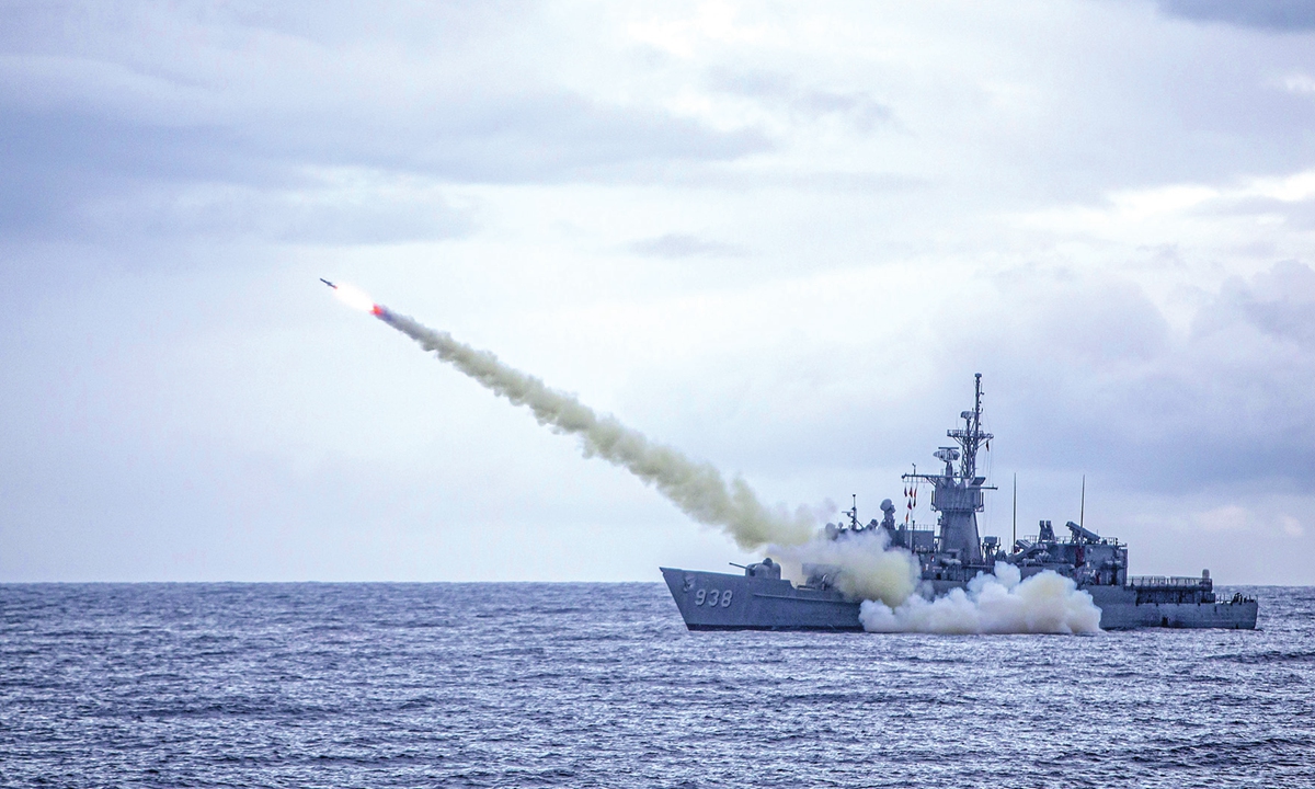 A Taiwan warship launches a US-made Harpoon missile during the annual 
