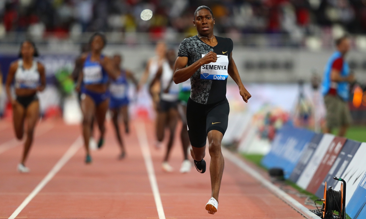 Caster Semenya of South Africa races to the line to win the women's 800 meters during the IAAF Diamond League event on May 3, 2019 in Doha, Qatar. Photo: VCG