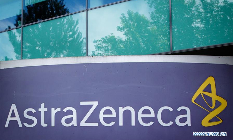 Photo taken on May 18, 2020 shows a logo in front of AstraZeneca's building in Luton, Britain. (Photo by Tim Ireland/Xinhua)
