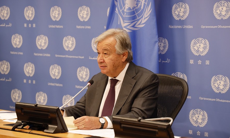 United Nations Secretary-General Antonio Guterres speaks during a joint press conference at the UN headquarters in New York, Sept. 9, 2020. (Xinhua/Xie E)