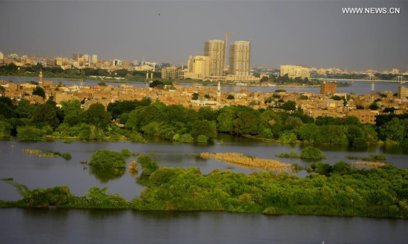 The water level of the Nile near the confluence of its two major tributaries, the White Nile and the Blue Nile, starts to gradually decline after unprecedented floods in Khartoum, Sudan, Sept. 11, 2020. Sudan often witnesses floods caused by heavy rains from June to October. (Photo by Mohamed Khidir/Xinhua)