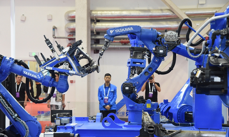 A robotic arm manufacturer in Dongguan, South China's Guangdong Province, displays some products for testing. The factory, like many other Chinese tech companies, is now stepping up efforts to accelerate its self-developed technologies. Photo: Chen Qingqing/GT