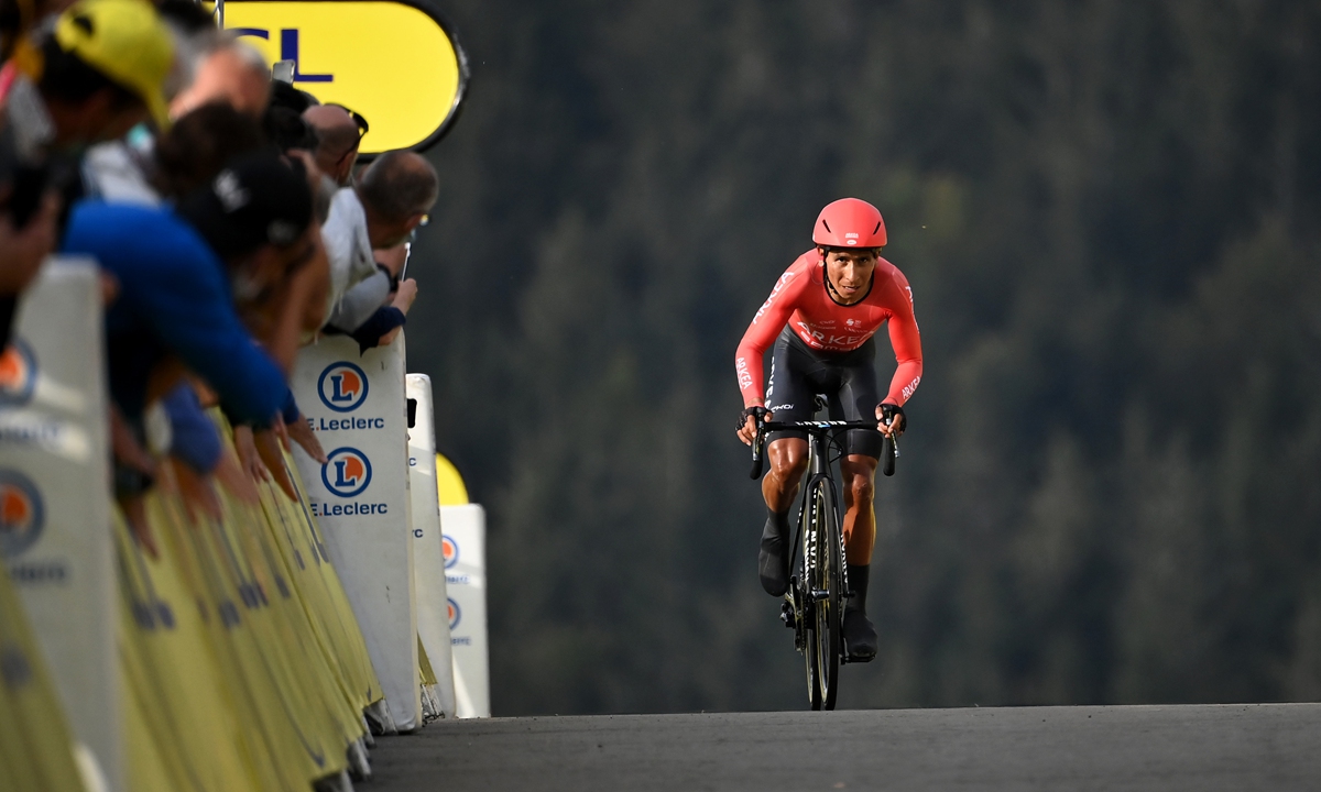 Nairo Quintana rides during the 20th stage of the Tour de France on Saturday. Photo: VCG