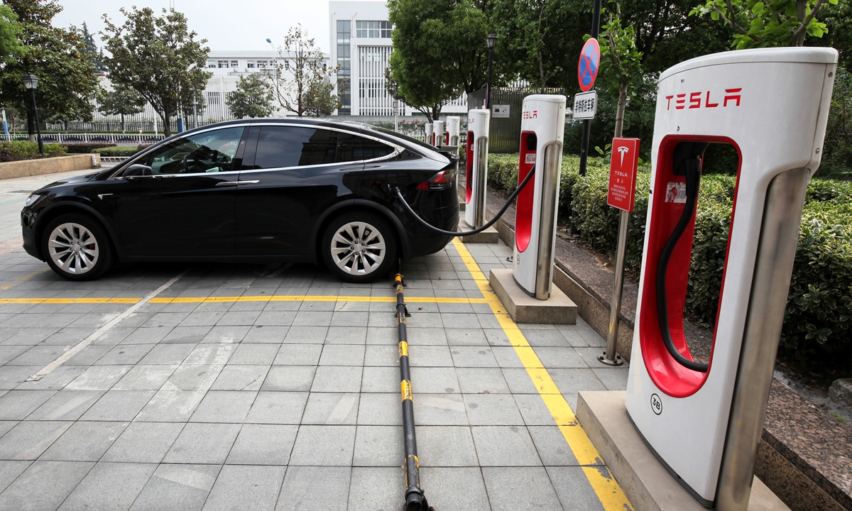 Tesla electronic cars are being charged in Changzhou, East China’s Jiangsu Province, on May 8. Photo: cnsphoto