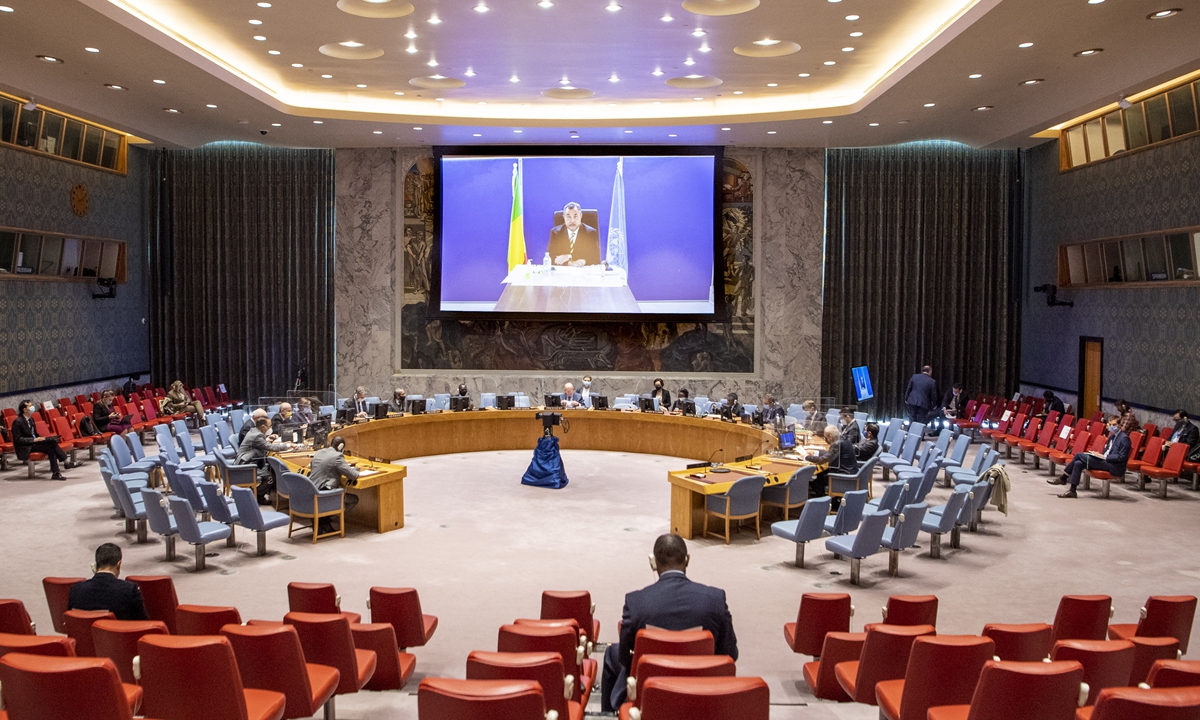 The UN Security Council holds its first meeting on developments on Mali at the Security Council Chamber on Thursday after being suspended for seven months due to the COVID-19 pandemic. Photo: Xinhua