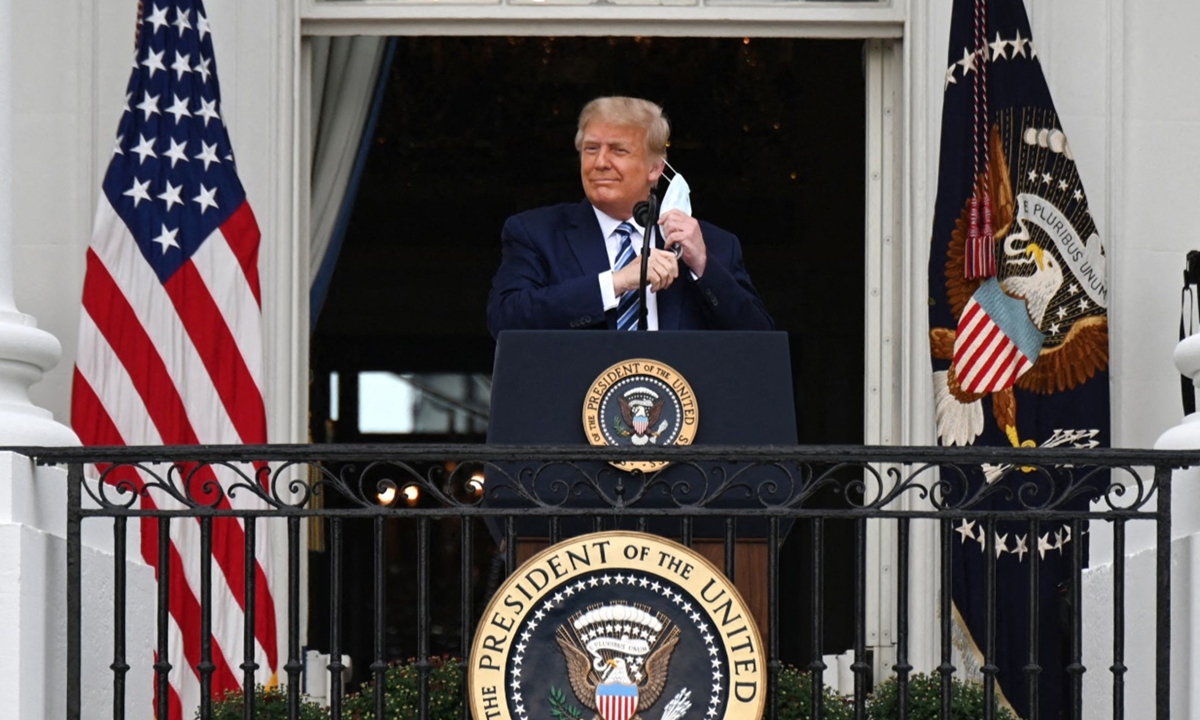 US President Donald Trump addressed supporters from a White House balcony on Saturday, his first public appearance since he tested positive for COVID-19 on October 1. The White House sent out 2,000 invitations out but only few hundred people attended the event, according to US media. Photo: VCG