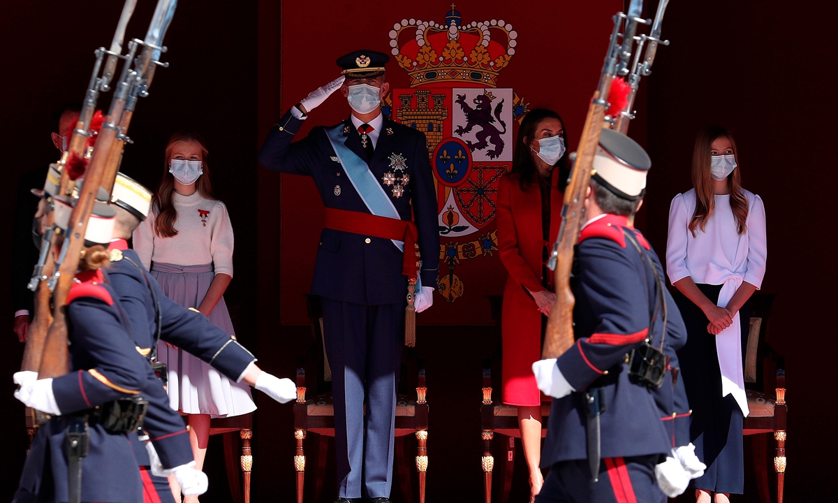 Spain's King Felipe VI (saluting), Queen Letizia (2nd from right) and their daughters Spanish Crown Princess Leonor and Princess Sofia attend Spain's National Day ceremony at the Royal Palace of Madrid. It comes after the Spanish government declared a state of emergency in Madrid to try and halt the spread of coronavirus in one of Europe's most significant outbreaks. Photo: AFP