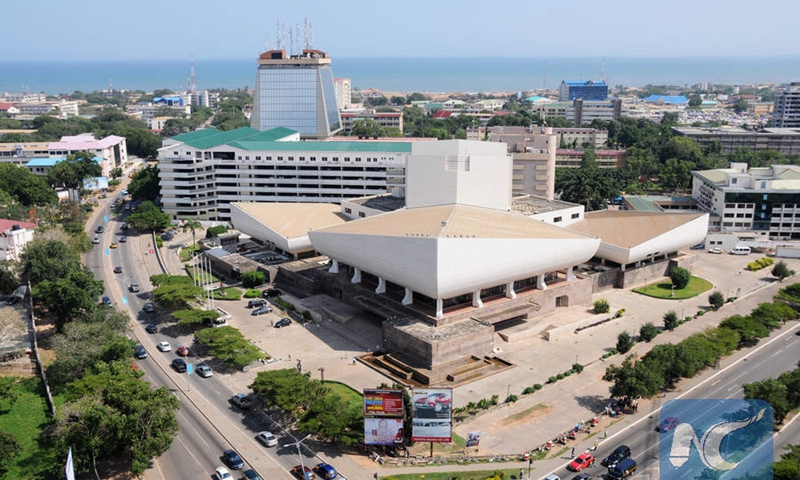 File photo of the Ghana National Theater against the backdrop of Gulf of Guinea (Xinhua/Lin Xiaowei)