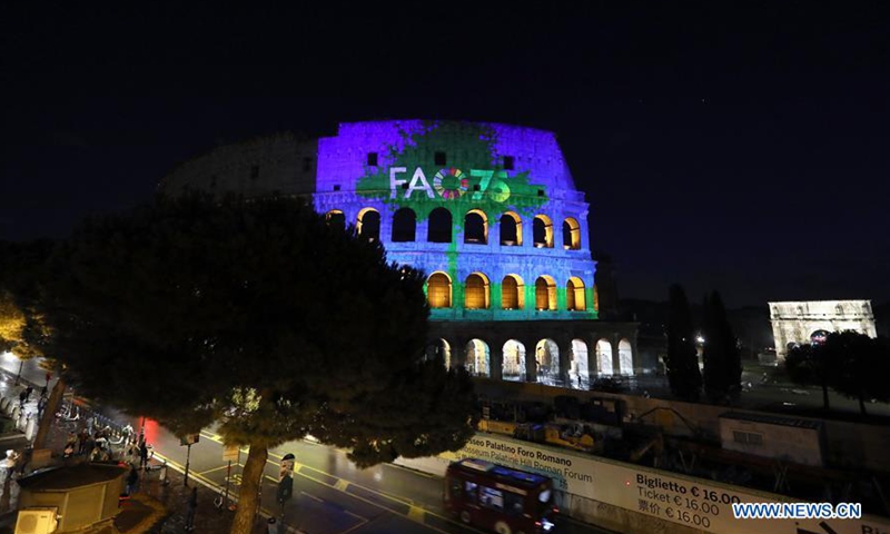 The United Nations Food and Agriculture Organization's video mapping show is displayed on the Colosseum in Rome, Italy, Oct. 16, 2020. World Food Day was marked across Italy with both colorful and serious events plus tributes to the Rome-based United Nations Food and Agriculture Organization (FAO), which marked the 75th founding anniversary the same day. (Alessia Pierdomenico/FAO/Editorial use only/Handout via Xinhua)
