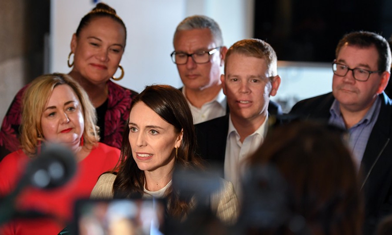 Labor Party leader Jacinda Ardern (front), the incumbent prime minister, addresses a press conference in Auckland, New Zealand, on Oct. 18, 2020. (Xinhua/Guo Lei)