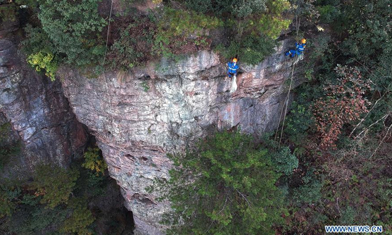 Aerial photo taken on Oct. 21, 2020 shows members of Zhangjiajie Blue Sky rescue team picking garbage while practicing cable descent at Huangshizhai scenic spot in Zhangjiajie, central China's Hunan Province. The Blue Sky rescue team, formed by local volunteers, often pick garbage during their practice at the scenic area, calling on tourists here to protect the environment. Photo:Xinhua