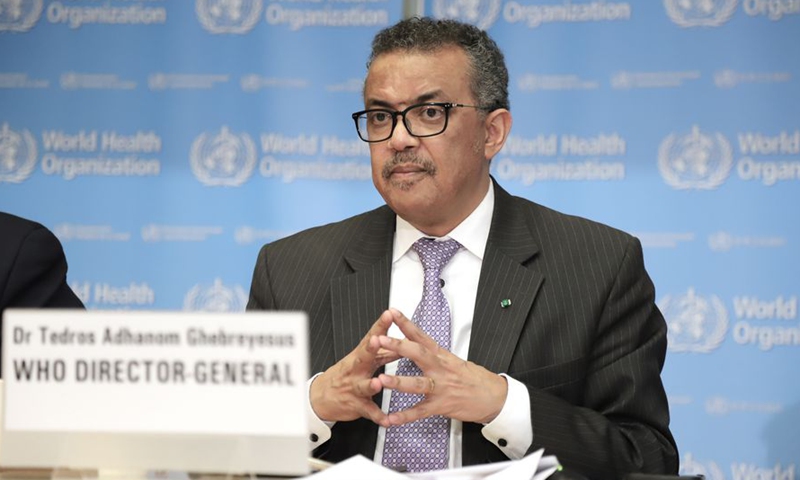 File picture shows World Health Organization (WHO) Director-General Tedros Adhanom Ghebreyesus speaks at a daily briefing in Geneva, Switzerland, on March 9, 2020.Photo:Xinhua