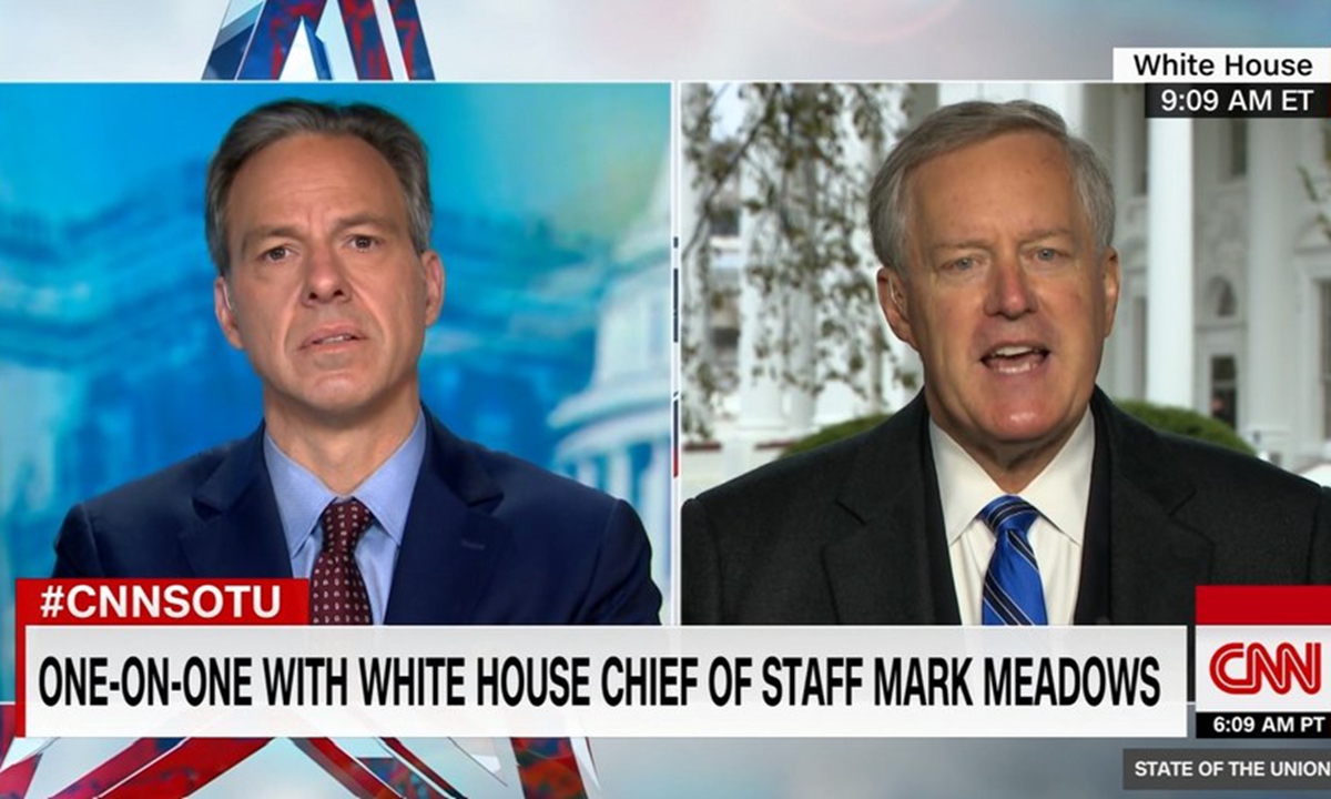 A screengrab from the web stream of CNN shows White House Chief of Staff Mark Meadows (R) being interviewed by Jake Tapper, anchor of State of the Union, on Oct. 25, 2020. (Xinhua)