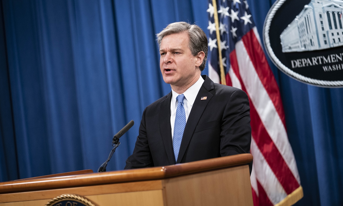 FBI Director Christopher Wray speaks during a virtual news conference at the Department of Justice on Wednesday in Washington, DC. Photo: AFP