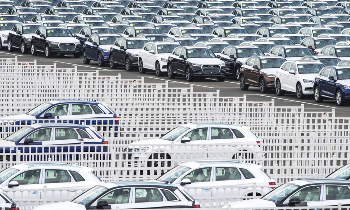 Photo taken on July 9, 2019 shows Audi vehicles awaiting transfer at the parking lot of FAW-Volkswagen in Changchun, northeast China's Jilin Province. (Xinhua/Xu Chang)