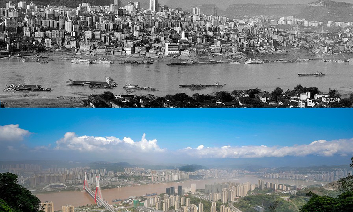 Combination photo shows Wanzhou District, southwest China's Chongqing Municipality in 2002 (top, file photo provided by Chongqing Three Gorges Migrants Memorial) and on July 19, 2020 (bottom, photo taken by Huang Wei), respectively.