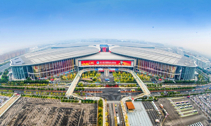 Photo taken on Nov 3, 2020 shows a view of the National Exhibition and Convention Center (Shanghai), the main venue of the 3rd China International Import Expo (CIIE), in east China's Shanghai.Photo:Xinhua