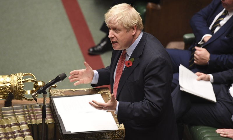 British Prime Minister Boris Johnson speaks at the House of Commons in London, Britain, on Oct 29, 2019.File photo:Xinhua