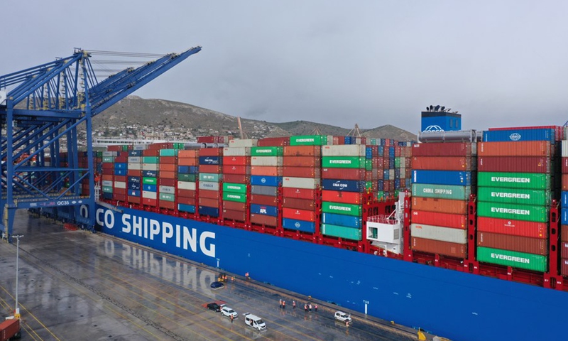 Aerial photo taken on Feb. 15, 2019 shows the COSCO Shipping Pisces, one of the world's largest container ships with a capacity of 20,000 TEU, docking at the Piraeus port in Greece. (Xinhua/Wu Lu)