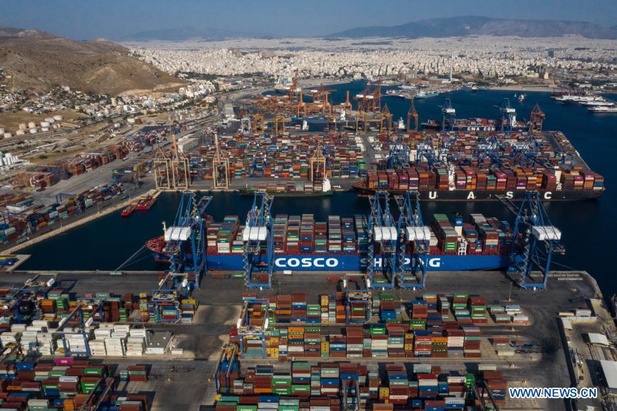 Aerial photo taken on Sept. 6, 2019 shows a cargo ship of COSCO Shipping Lines at the Port of Piraeus in Greece. (Photo by Lefteris Partsalis/Xinhua)