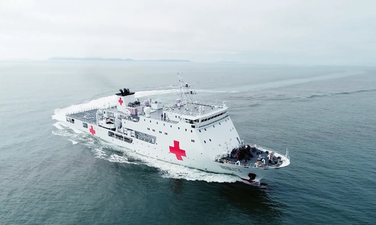 The Nanyi 13 hospital ship enters naval service at a naval port in Yongshu Reef in the South China Sea on November 30, 2020. Photo: Screenshot from China Central Television