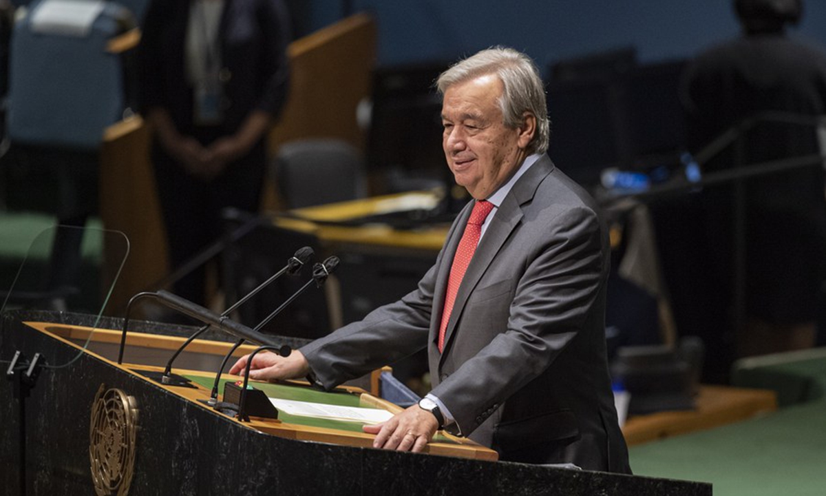 United Nations Secretary-General Antonio Guterres addresses a high-level UN meeting to mark the International Day for the Total Elimination of Nuclear Weapons at the UN headquarters in New York, on Oct. 2, 2020. (Rick Bajornas/UN Photo/Handout via Xinhua)