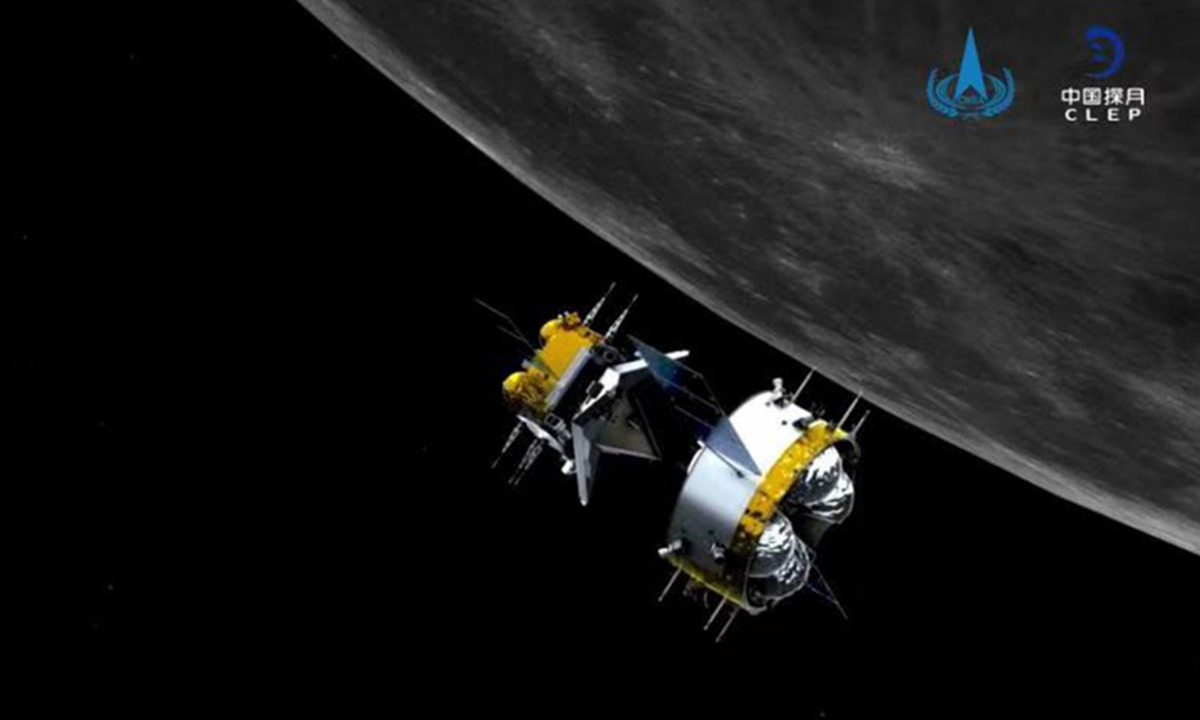 Image released by the China National Space Administration (CNSA) shows the orbiter-returner combination of China's Chang'e-5 probe approaching the ascender. Photo: Xinhua